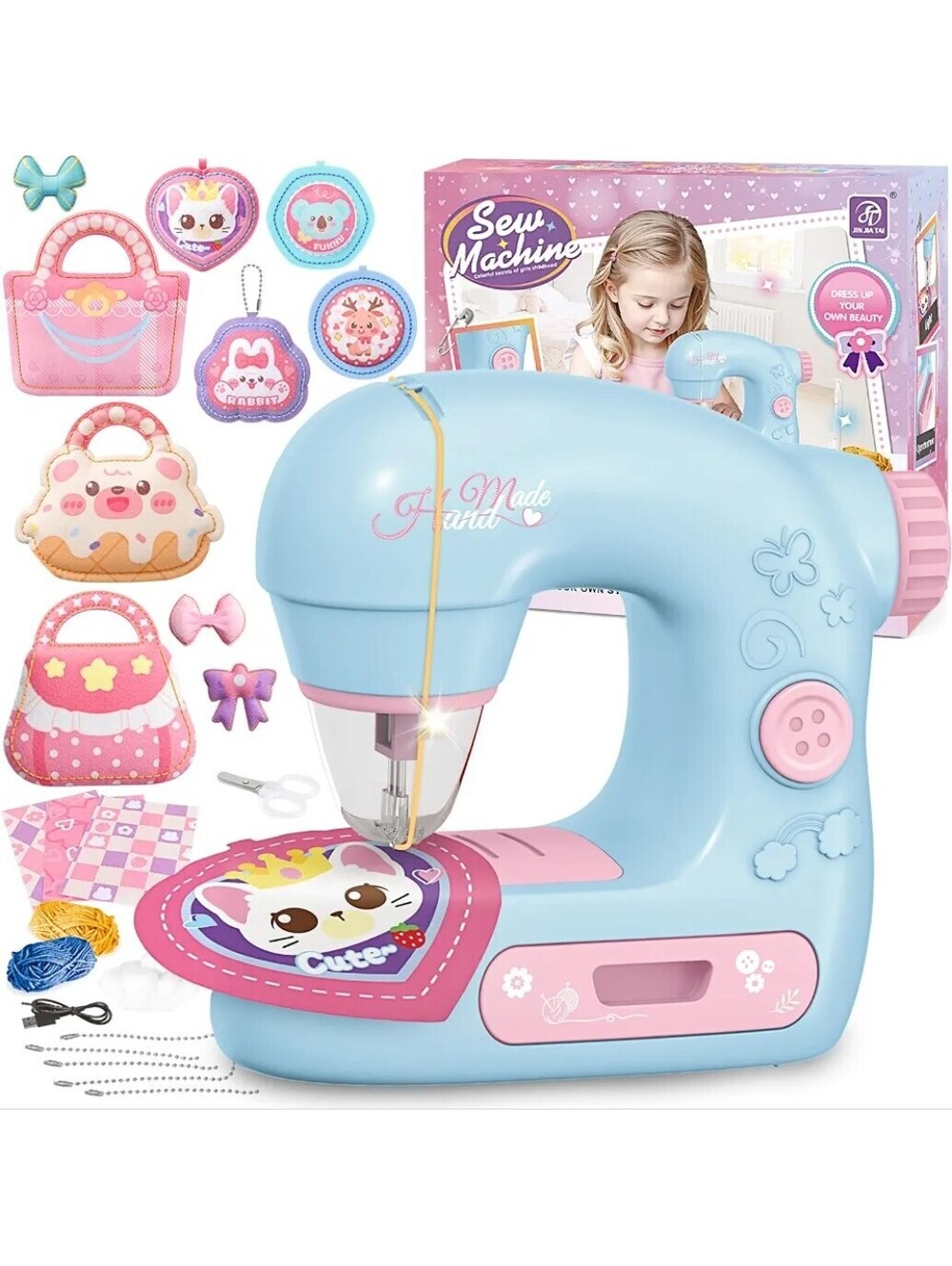 Kids Mini Sewing Machine Pretend Play Arts & Craft Toy Kit with Lights